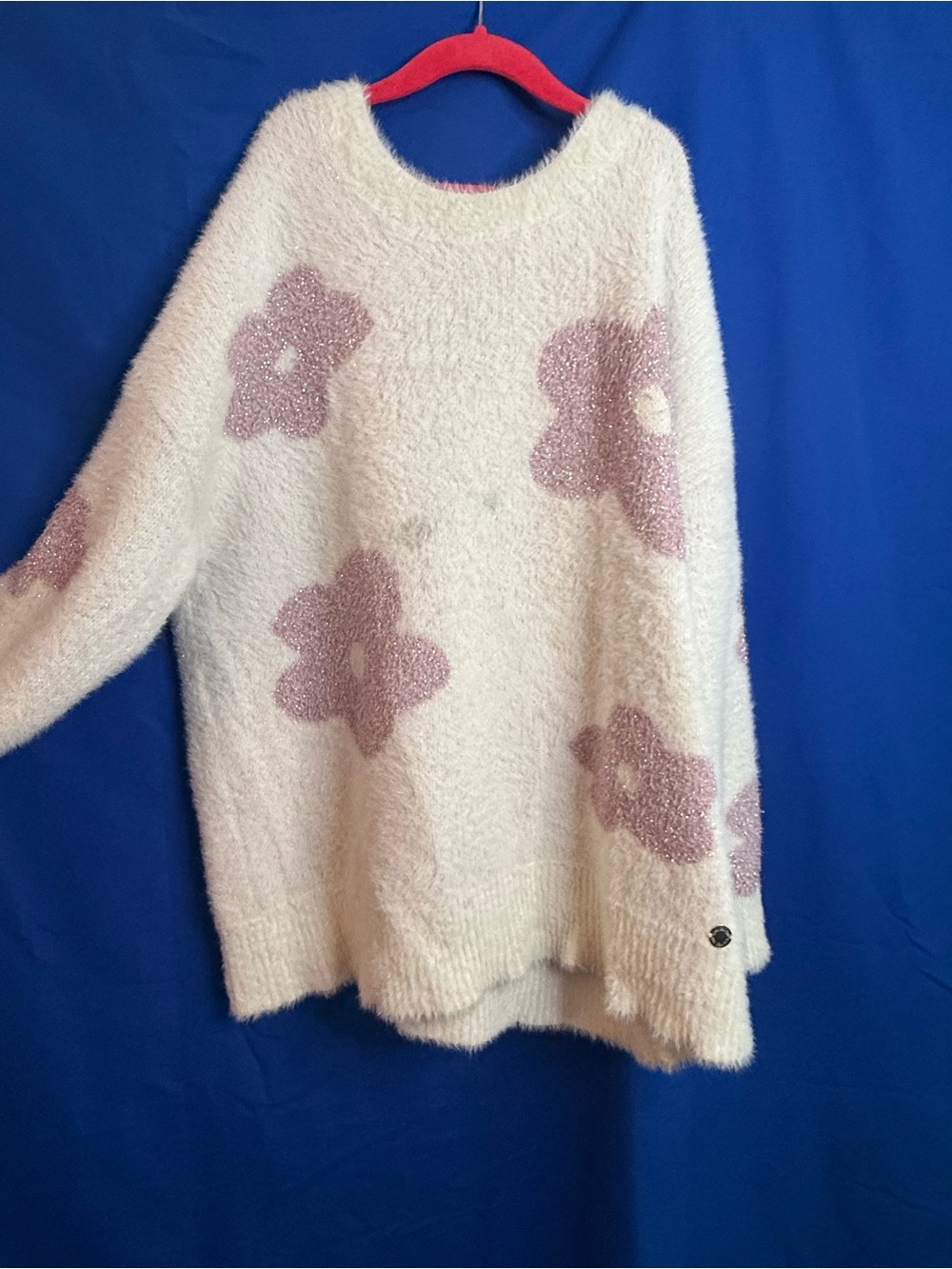 Cozy Cream Floral Fuzzy Sweater - Glittery Pink Flowers